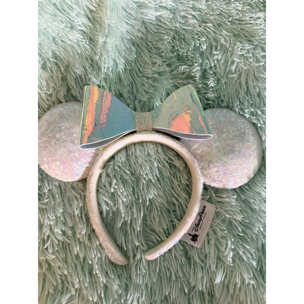 White Bow Minnie Ears Iridescent Glitter Disney Parks Rare Sequins Headband